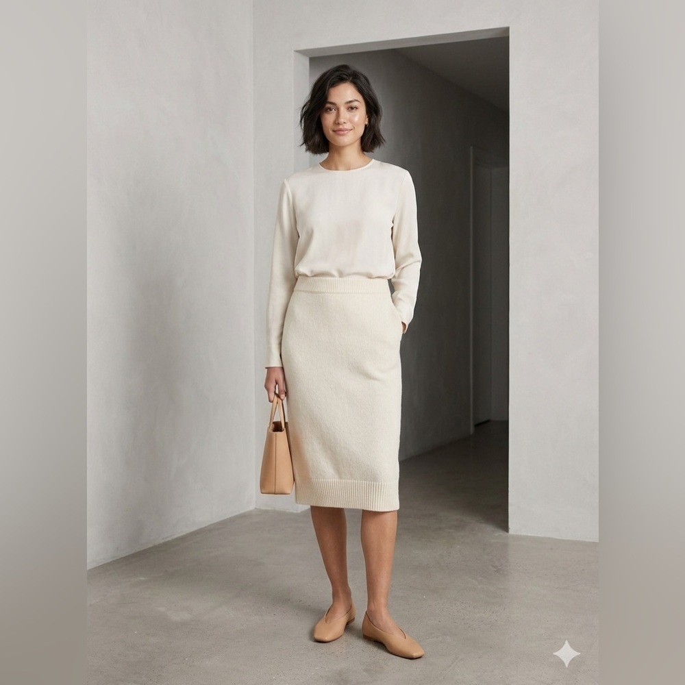 H&M Cream Knit Sweater Pencil Midi Skirt Soft Ribbed Size S